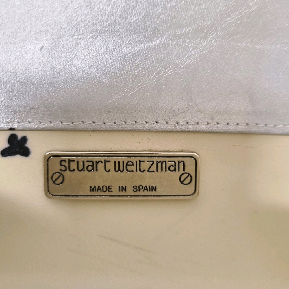Stuart Weitzman VINTAGE Silver Satin Round Crossbody Bag with Leather Strap - Picture 9 of 14